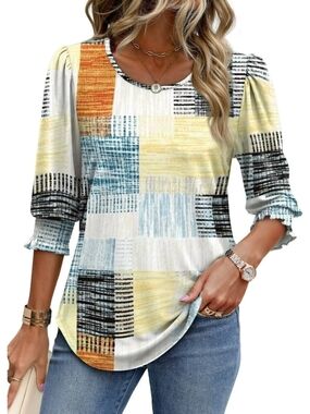 Patchwork Print 3/4 Sleeve Blouse in Yellow, Blue, Black & Cream